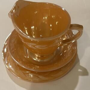 Fire King Peach Lustre 3 Pc Laurel Set Creamer, Bowl, Plate